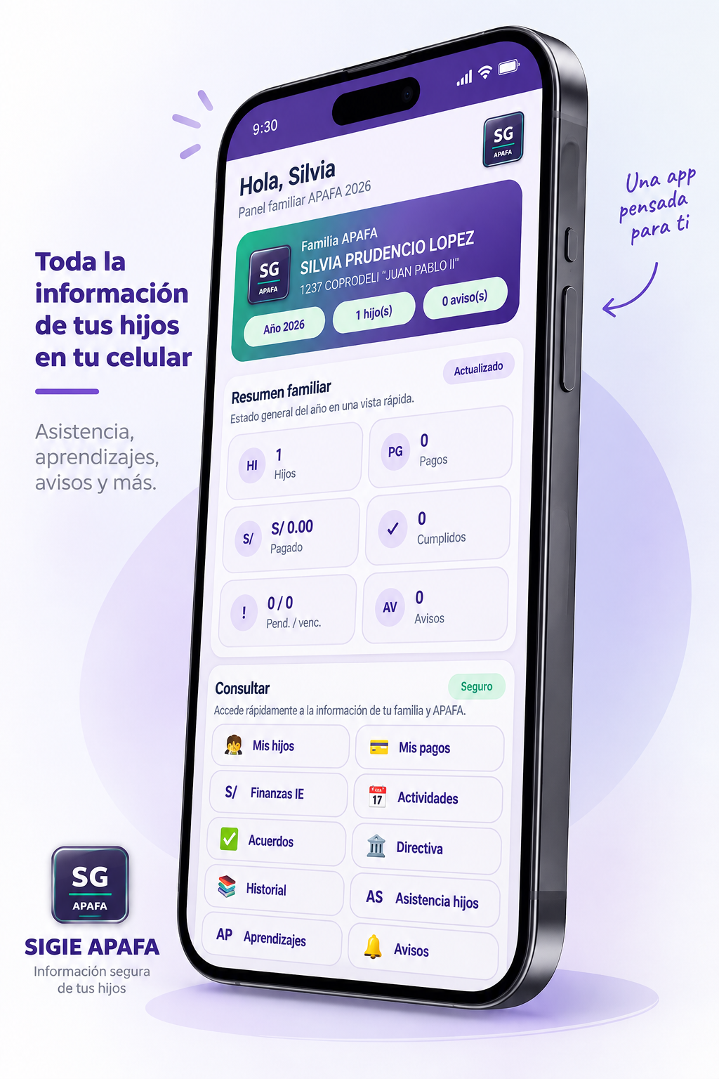 Vista promocional de SIGIE APAFA en un celular